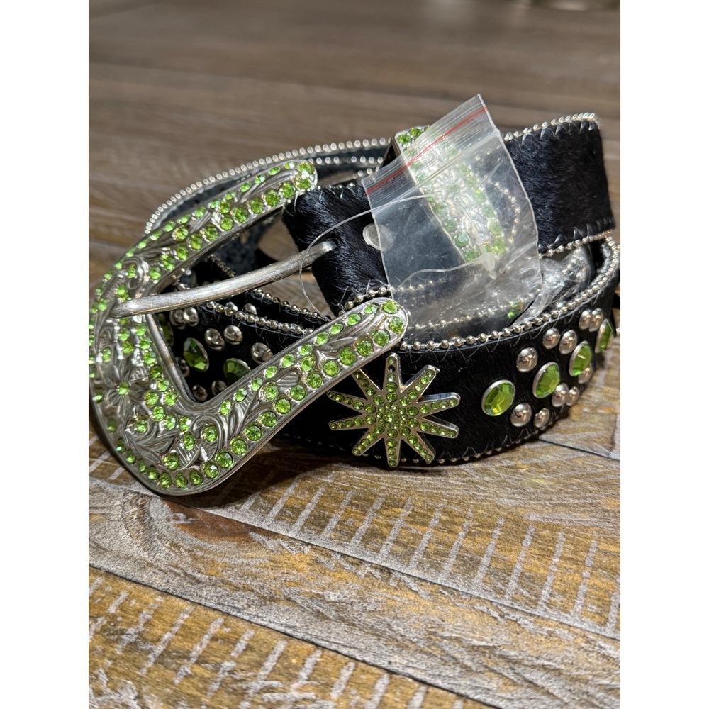 Atlas Western Belt Womens Black Lime Green New Rhinestone Pony Hair Studded